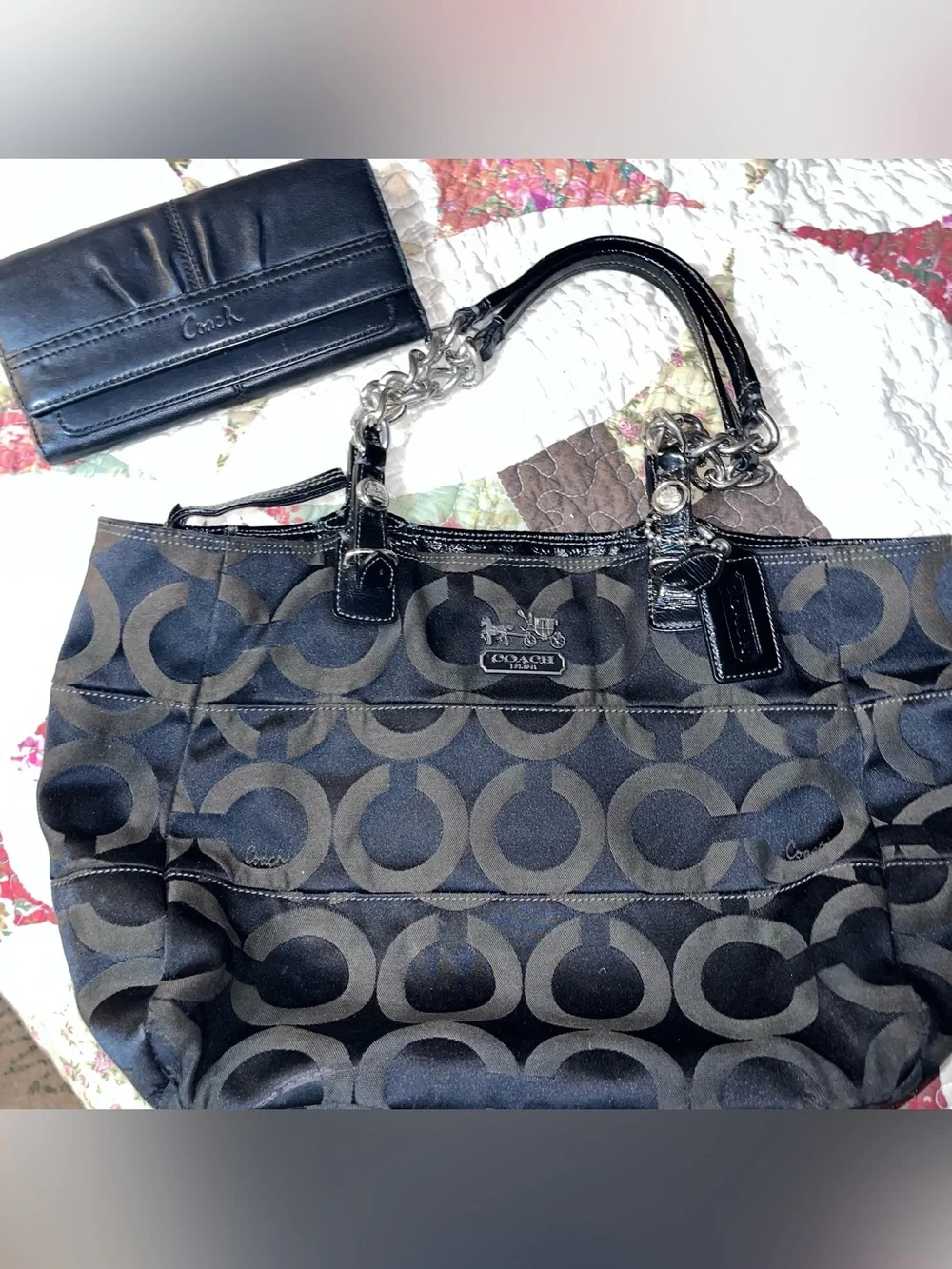 Coach Black Signature Canvas Satchel with Silver-Tone Chain Handles & Wallet